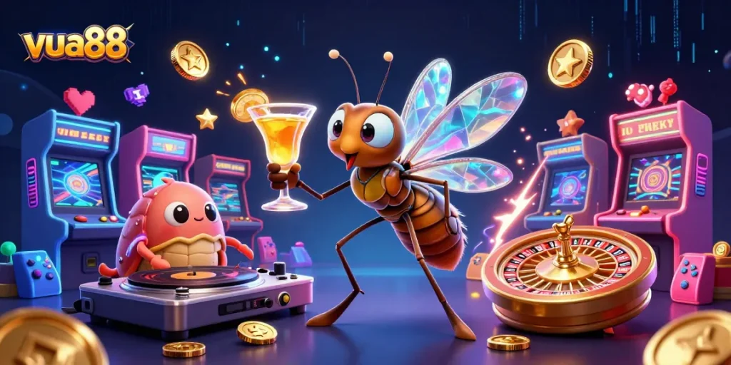 Experience an engaging moment with vua88's unique casino characters in vibrant 3D illustration.