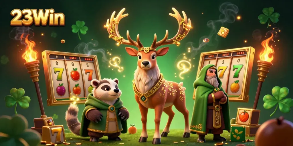 Experience vibrant gameplay options with 23Win's exciting slot games depicted in a dynamic 3D scene.