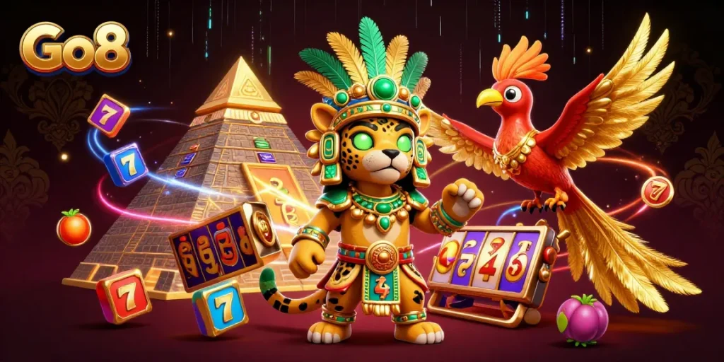 Experience the excitement of Go8 with vivid slot machine elements and a dynamic casino atmosphere.