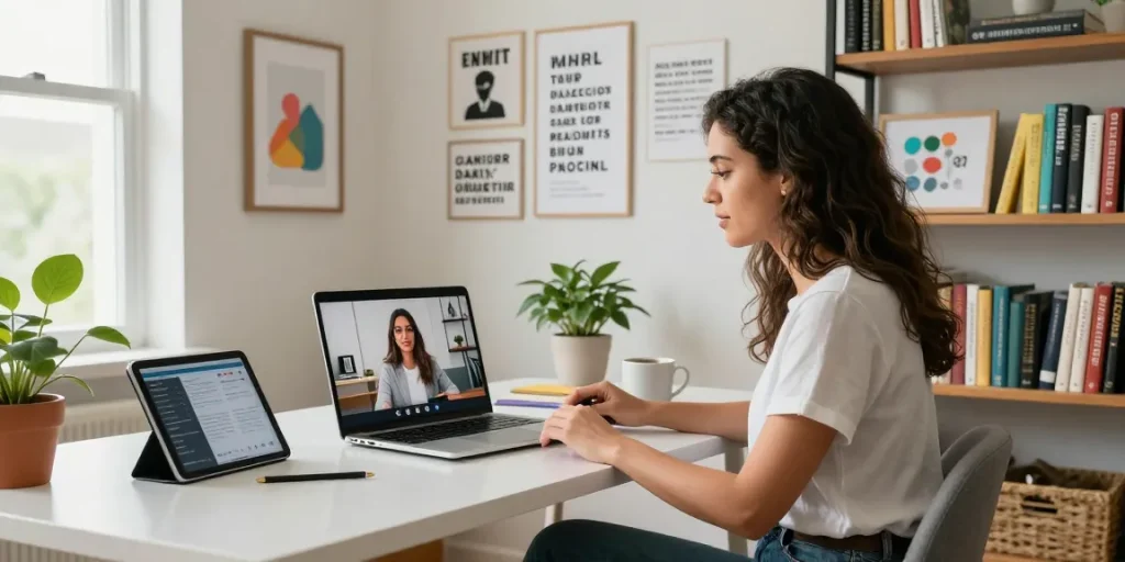 Jaklin Dalir showcasing her personal brand in a modern home office, engaging online audience through vibrant visual elements.