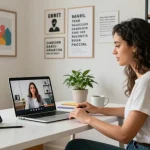 Jaklin Dalir showcasing her personal brand in a modern home office, engaging online audience through vibrant visual elements.