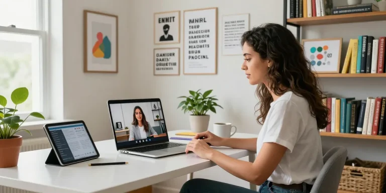 Jaklin Dalir showcasing her personal brand in a modern home office, engaging online audience through vibrant visual elements.