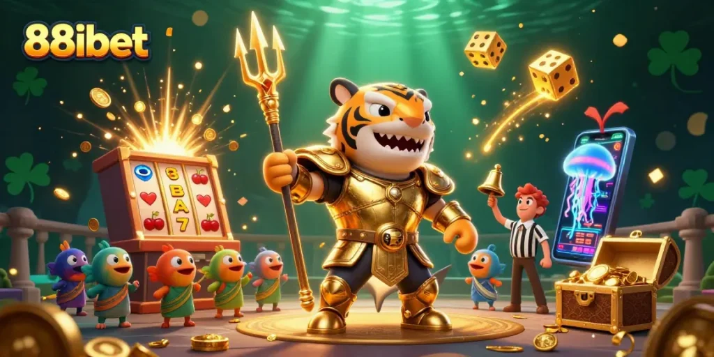 Vibrant casino scene featuring 88ibet's tiger shark character in gladiator armor and a dynamic jackpot celebration.