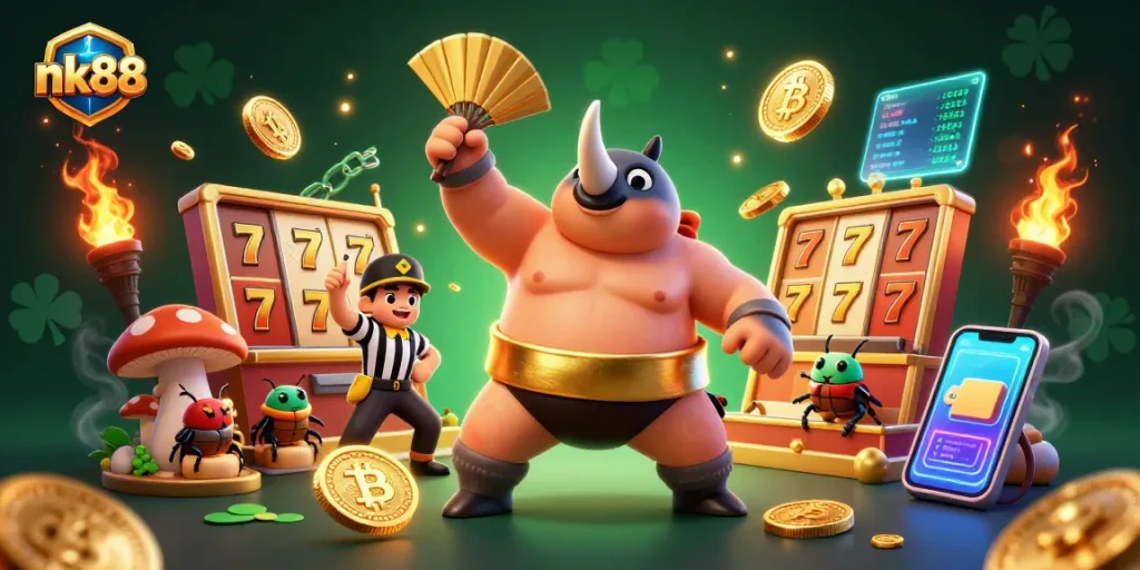 Experience nk88's thrilling gaming atmosphere with a dynamic scene of beetles in action and crypto bonuses.