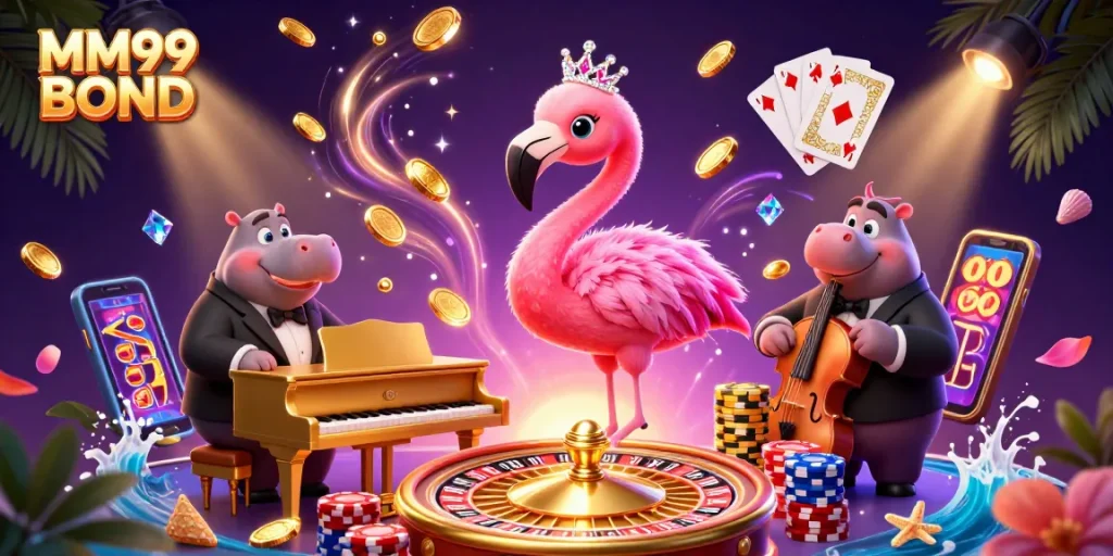 Experience the excitement of betting with MM99 BOND in this vibrant casino illustration featuring lively characters.