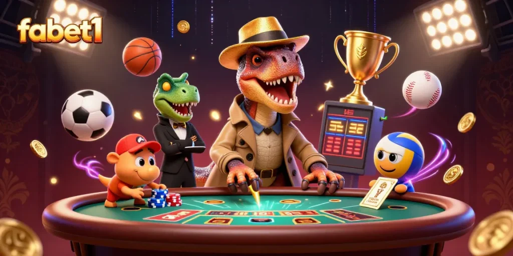 Experience the thrill of fabet1 with a cartoon velociraptor at a blackjack table, dynamic sports elements, and vibrant energy.