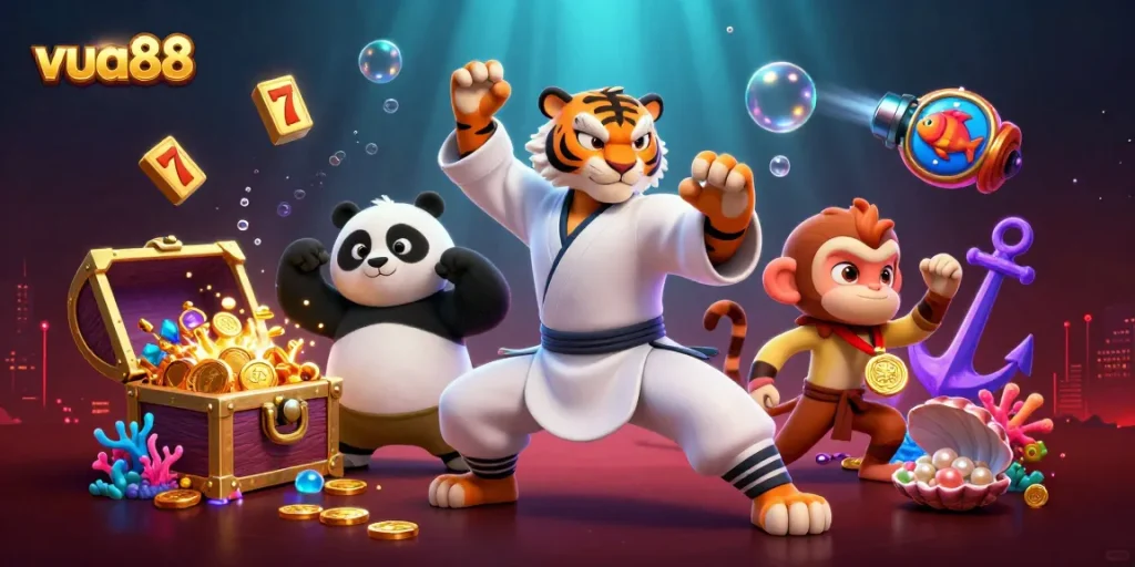 Join the fun at vua88 with a kung fu tiger, panda, and monkey among vibrant casino elements.