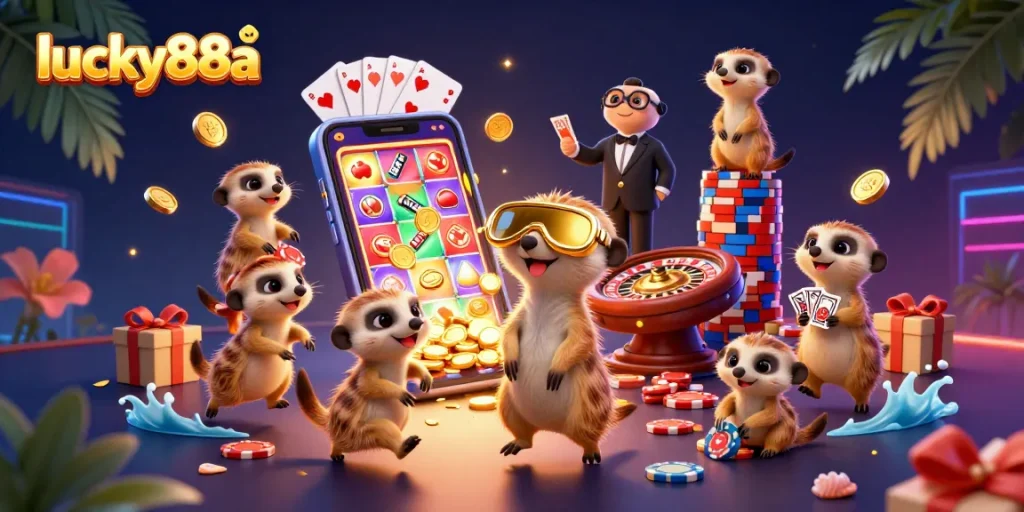 Experience the thrill of lucky88a with a playful meerkat casino scene showcasing various gaming elements.