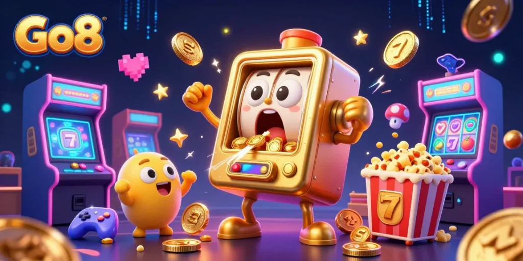 Celebrate jackpots with Go8's lively 3D slot machine scene overflowing with coins and cheering characters.