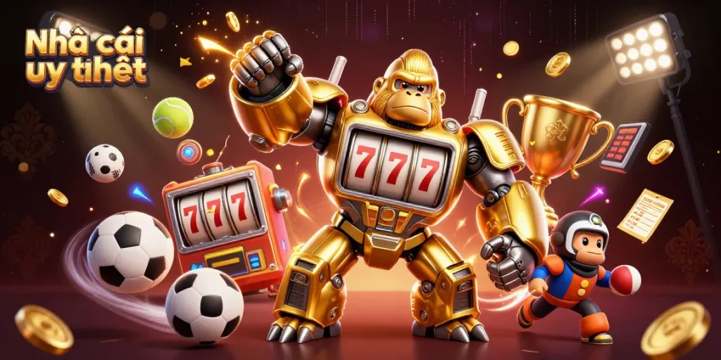 Experience Nhà cái uy tín with a dynamic golden gorilla mech surrounded by sports elements and excitement.