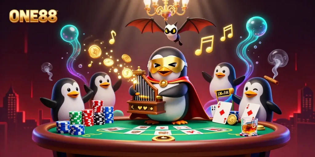 ONE88 penguin playing organ emits coins, surrounded by poker elements and vibrant casino atmosphere.