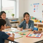 Functional communication training Burlington with a child engaging in therapy supported by a therapist and parents.