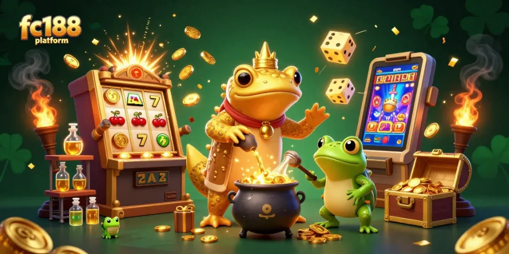 Experience the vibrant action of the fc188 platform with golden coins, live casino elements, and magical creatures.