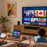 Enjoying IPTV Canada channels together at home with family streaming on a 4K TV.