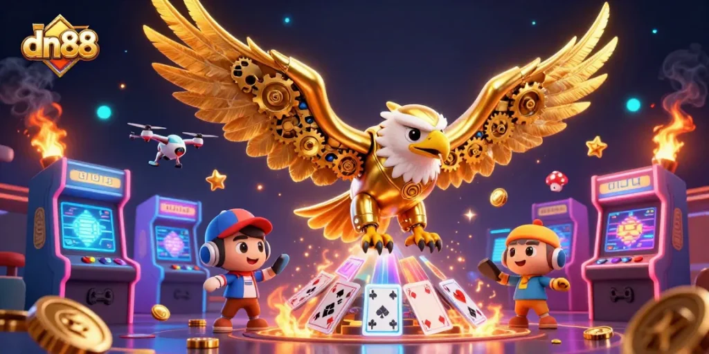 Immerse yourself in dn88's gaming adventure, featuring a cybernetic golden eagle soaring through holographic cards.