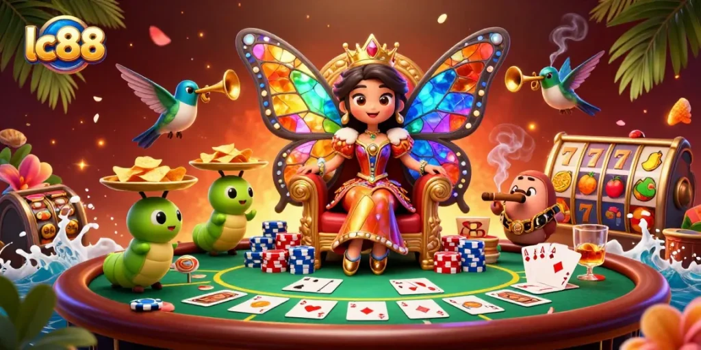 Experience exciting casino gameplay with lc88 featuring a vibrant butterfly queen amidst poker chips and slot reels.