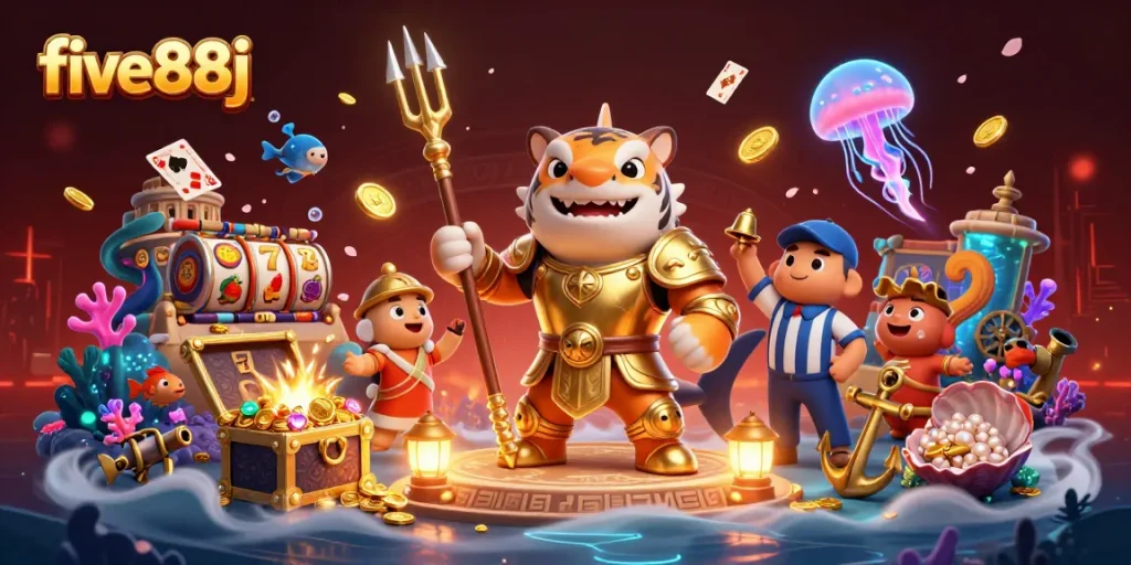 Engage in exciting gameplay at five88j with thrilling slot action featuring a tiger shark and treasure!
