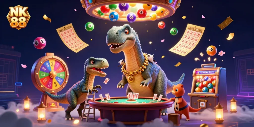 Experience thrilling lottery action with NK 88 amid dynamic casino excitement and colorful elements.
