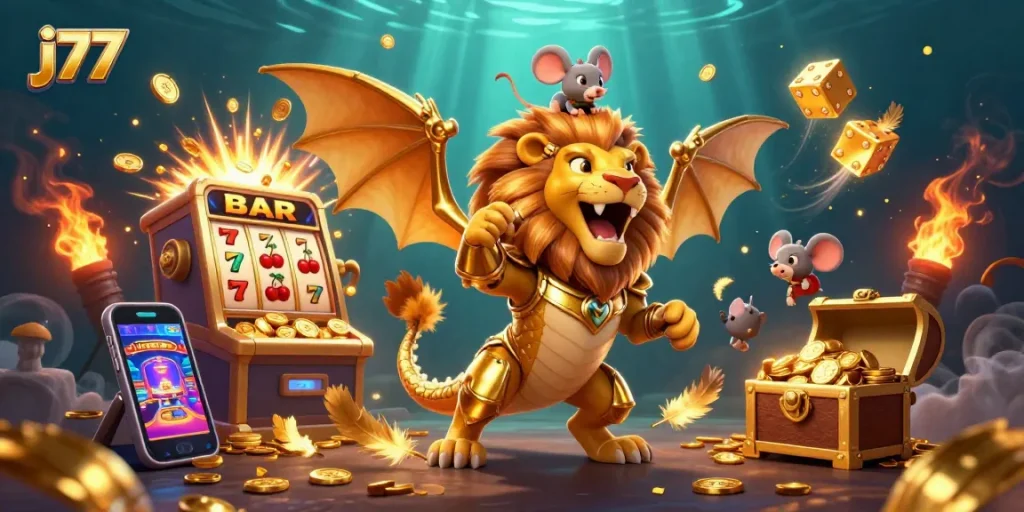 Experience thrilling gameplay at j77 with a roaring chimera and extravagant casino elements.